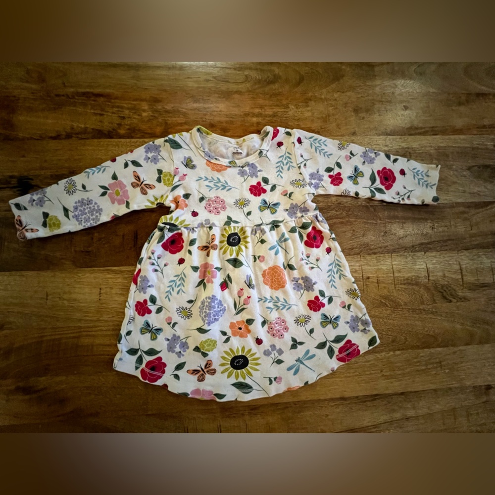 Girls' White Floral Long-Sleeve Cotton Dress - Multicolor Flower Print
